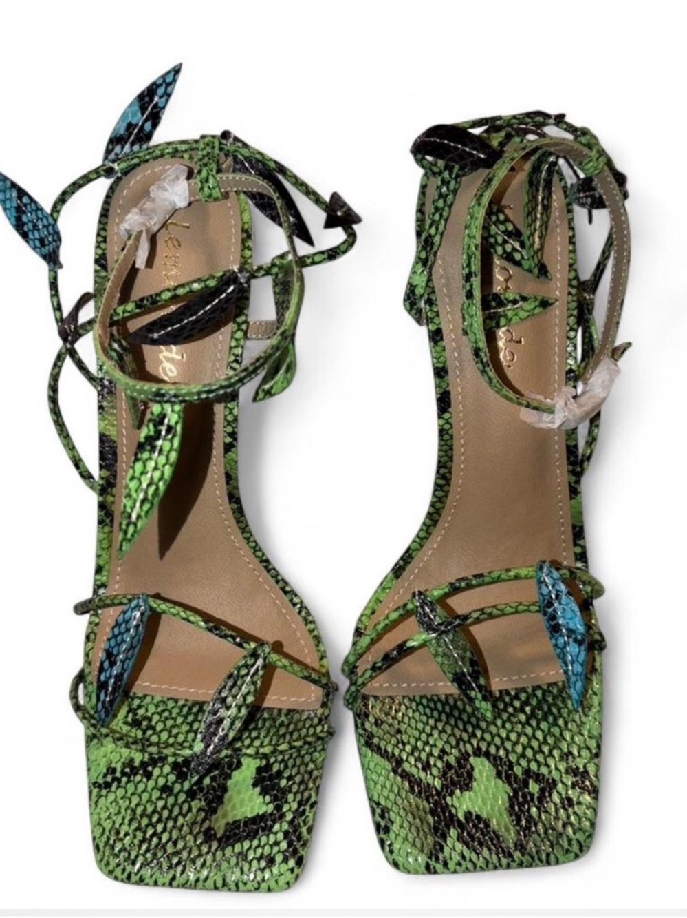 Green Snake-Print Lace-Up Women's Heels